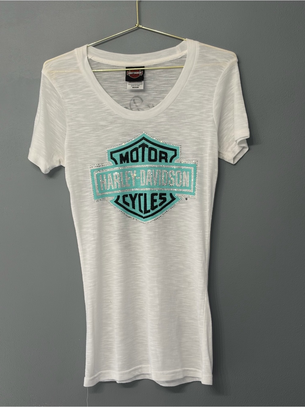 Harley-Davidson White Tee with Turquoise Shield Logo